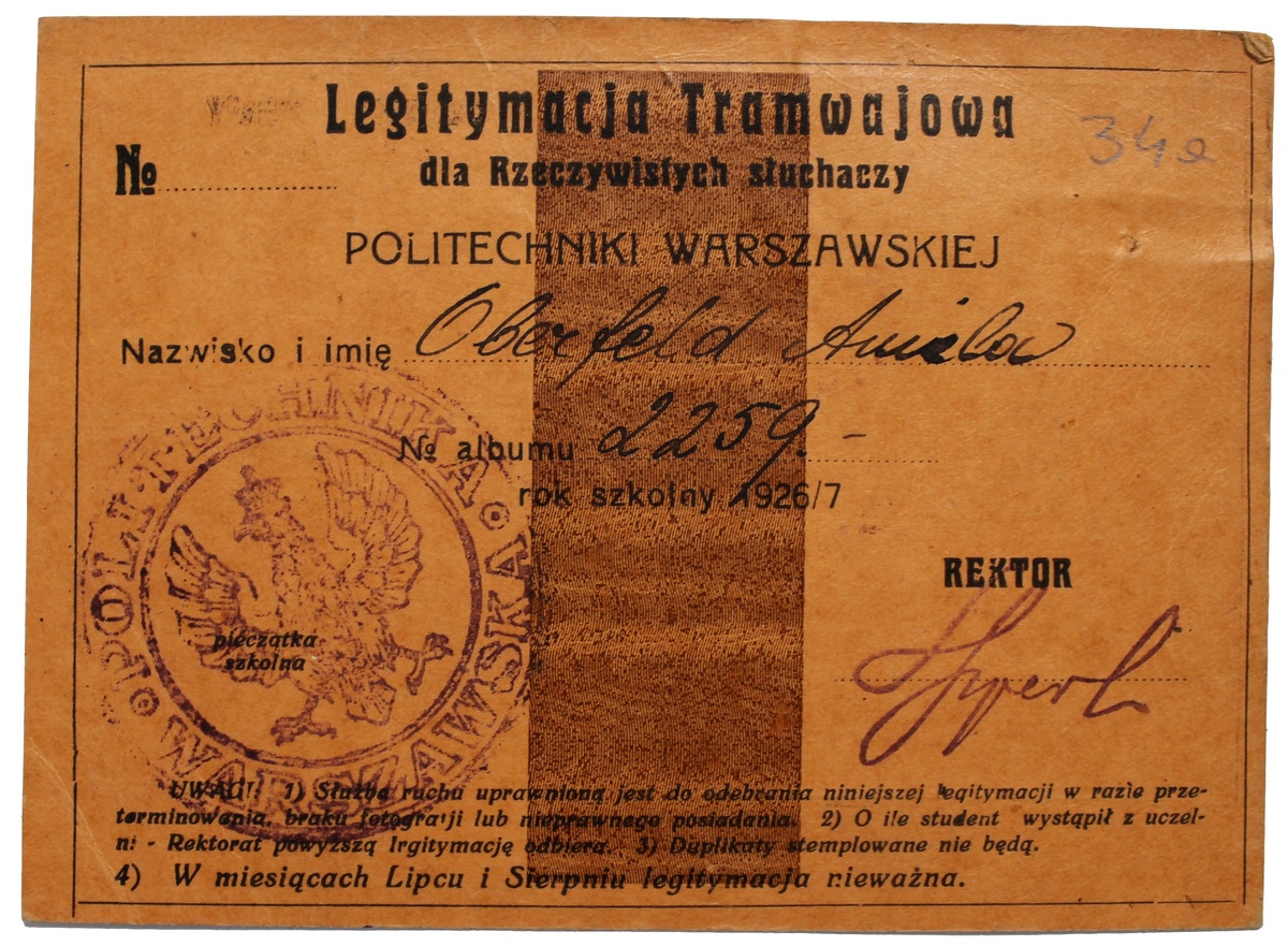 Legitymacja tramwajowa Anieli Oberfeld (źródło: Archiwum Państwowe w Płocku, Starostwo Powiatowe w Płocku, sygn. 28), JewishPlock.eu