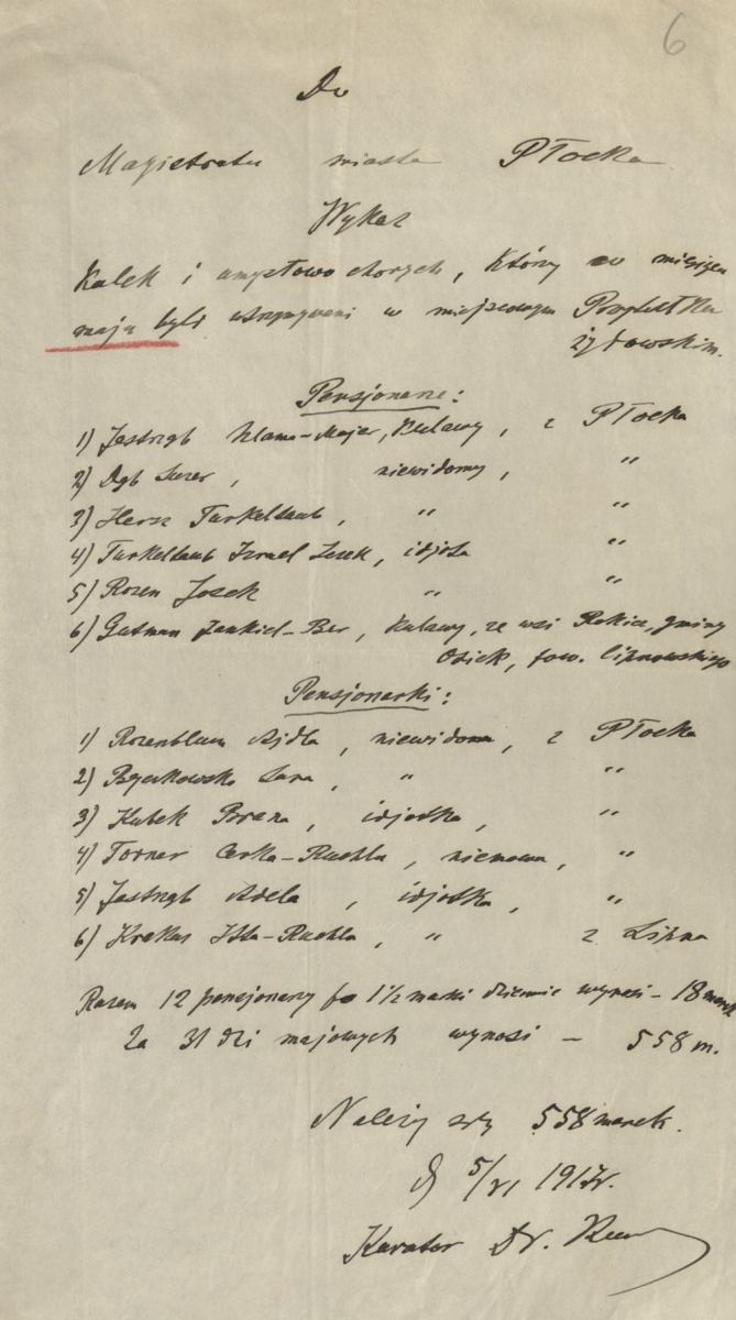 Wykaz osób, które w maju 1917 roku były utrzymywane w przytułku żydowskim (Archiwum Państwowe w Płocku, Akta miasta Płocka, sygn. 21993)