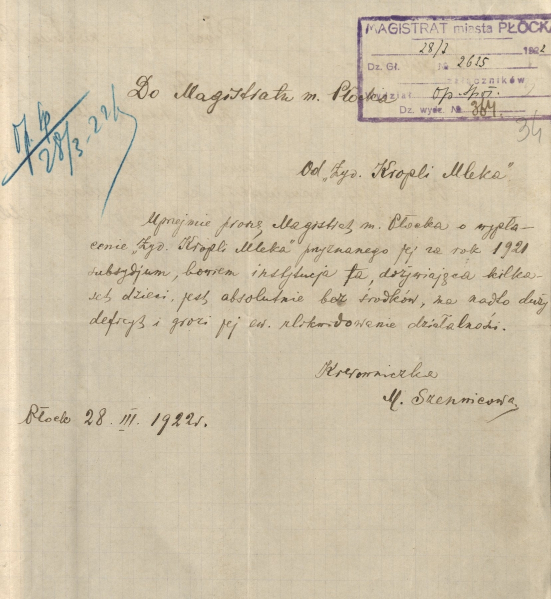 Pismo kierowniczki „Kropli Mleka” Marii Szenwic do Magistratu miasta Płocka z dnia 28 marca 1922 roku z prośbą o wypłacenie subsydium za rok 1921 (Archiwum Państwowe w Płocku, Akta miasta Płocka, sygn. 24442)
