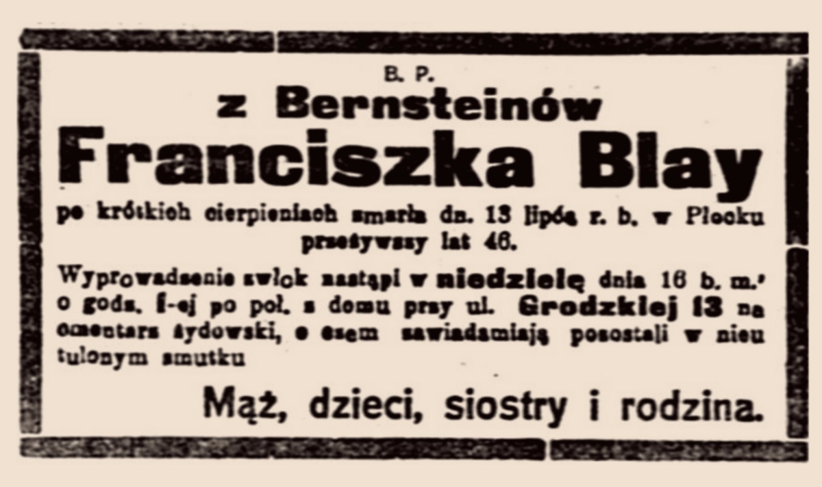 Nekrolog Franciszki Blay (źródło: „Nasz Kurier” nr 187 z 15 lipca 1922 roku)