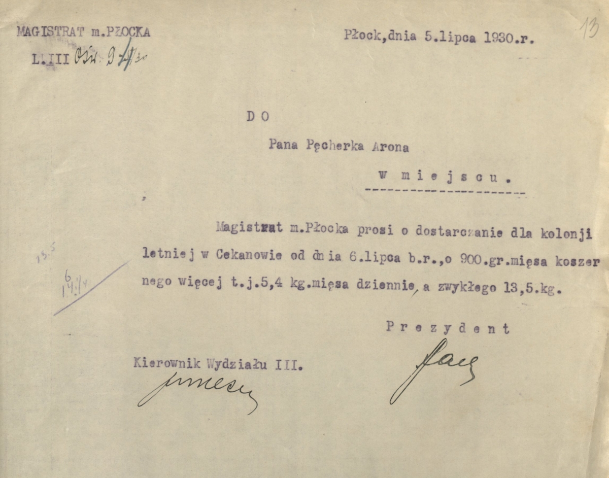 Pismo Magistratu miasta Płocka do Arona Pęcherka z 5 lipca 1930 roku z prośbą o dostarczenie kolonii letniej w Cekanowie mięsa zwykłego i koszernego (Archiwum Państwowe w Płocku, Akta miasta Płocka, sygn. 24044)