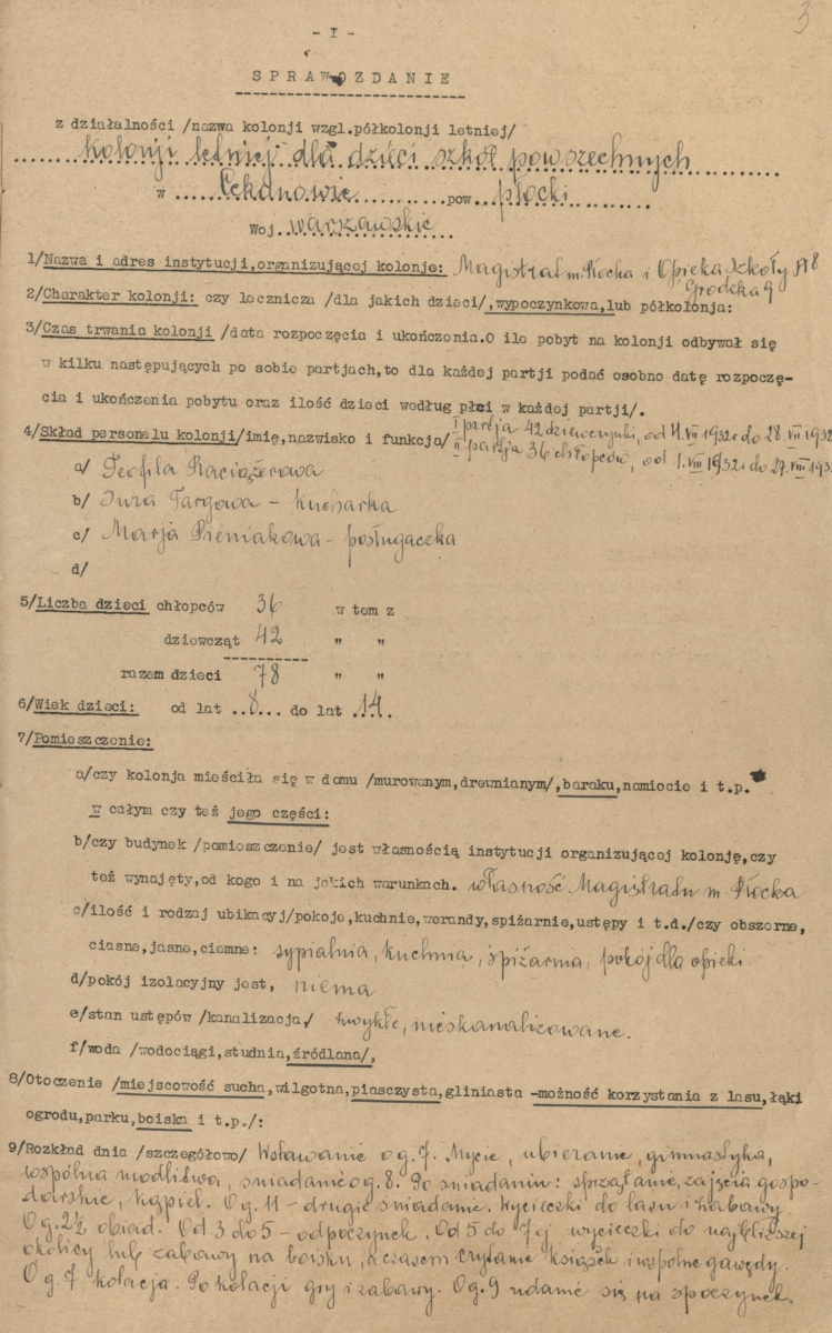 Sprawozdanie z kolonii letniej w Cekanowie w 1932 roku (Archiwum Państwowe w Płocku, Akta miasta Płocka, sygn. 24094)