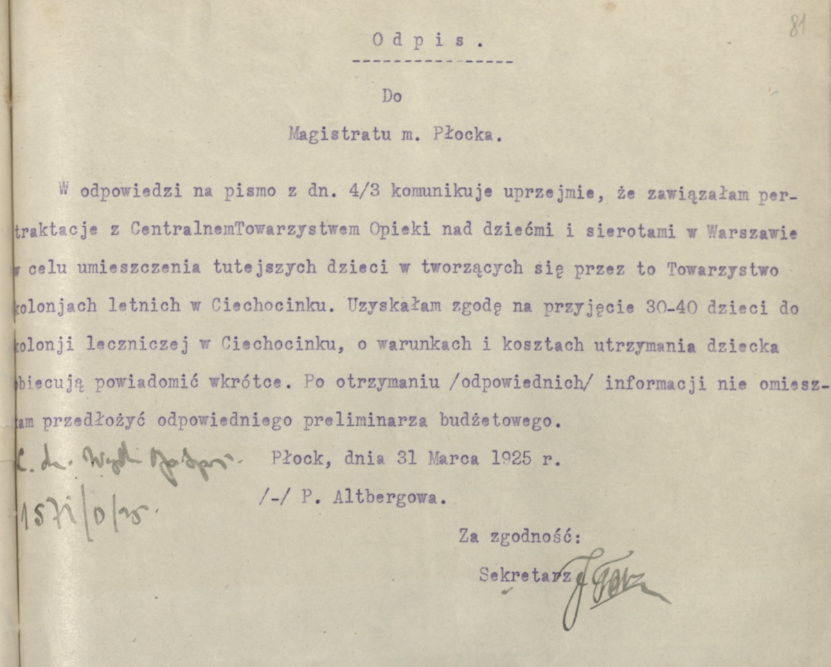 Pismo Pauliny Altberg do Magistratu miasta Płocka z dnia 31 marca 1925 roku z informacją o nawiązaniu pertraktacji z Centralnym Towarzystwem Opieki nad Dziećmi i Sierotami w Warszawie w celu wysłania dzieci z Płocka na kolonie letnie do Ciechocinka  (Archiwum Państwowe w Płocku, Akta miasta Płocka, sygn. 24519)