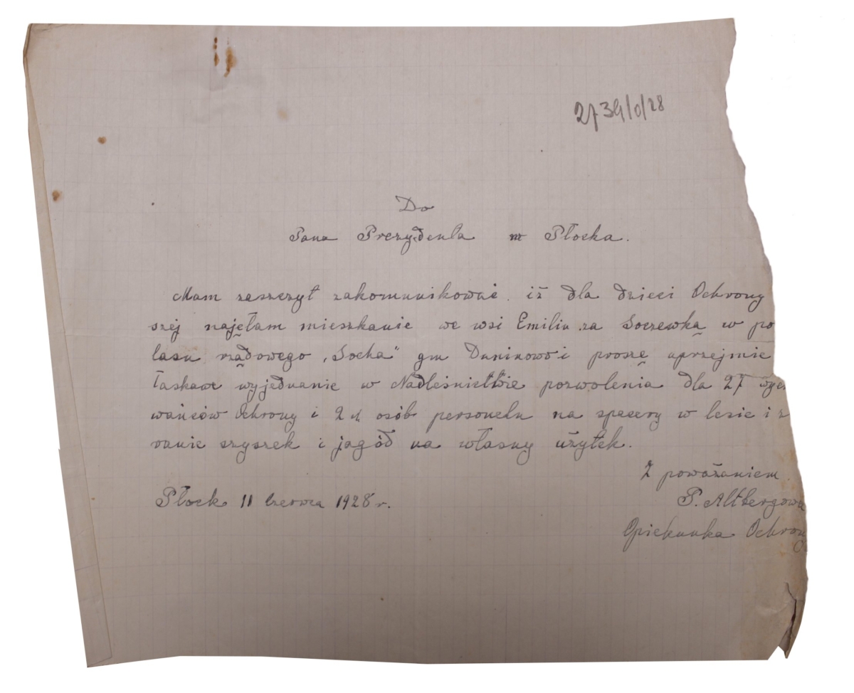Pismo Pauliny Altberg do Prezydenta miasta Płocka z dnia 11 czerwca 1928 roku z prośbą o wyjednanie pozwolenia dla 27 wychowanków ochronki oraz 2 osób personelu na spacery w lesie i zbieranie szyszek i jagód podczas pobytu we wsi Emilin (Archiwum Państwowe w Płocku, Akta miasta Płocka, sygn. 24558)