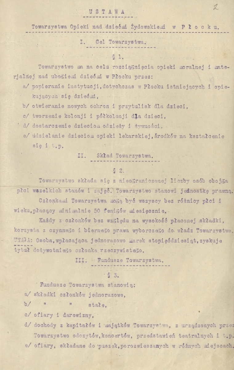 Ustawa Towarzystwa Opieki nad Dziećmi Żydowskimi w Płocku (Archiwum Państwowe w Płocku, Cesarsko-Niemiecki Zarząd Cywilny w Płocku, sygn. 8)