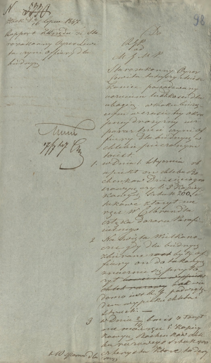 Raport z Urzędu, że starozakonny Ojzer Lewita czyni ofiary dla biednych, z 4/16 lipca 1847 roku (Archiwum Państwowe w Płocku, Akta miasta Płocka, sygn. 842)
