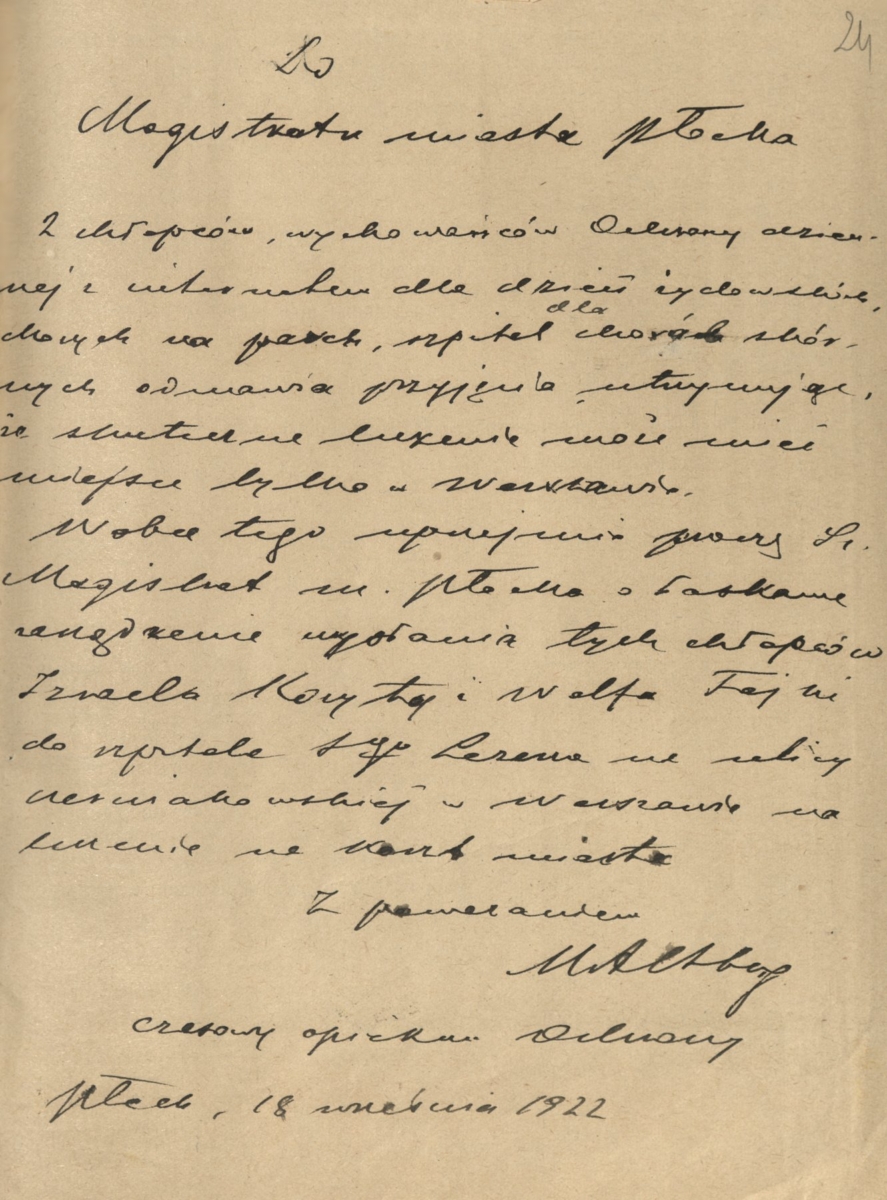 Pismo Mojżesza Altberga do Magistratu miasta Płocka z dnia 18 września 1922 roku z prośbą o wydanie zarządzenia wysłania dwóch wychowanków ochronki na leczenie do szpitala w Warszawie  (Archiwum Państwowe w Płocku, Akta miasta Płocka, sygn. 24458) 