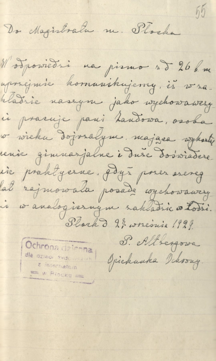 Pismo Pauliny Altberg do Magistratu miasta Płocka z dnia 27 września 1929 roku z informacją o zatrudnieniu w Ochronie Jadwigi Zand (Archiwum Państwowe w Płocku, Akta miasta Płocka, sygn. 24575)