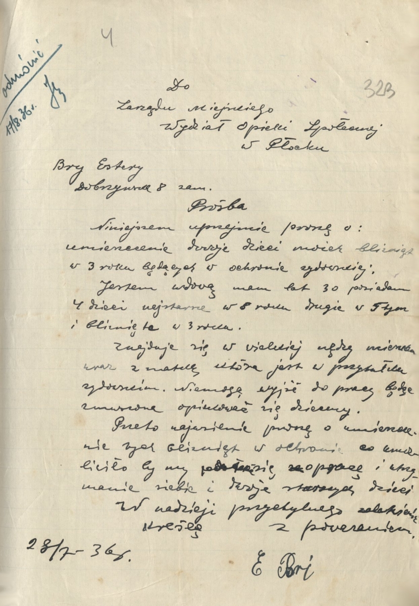 Podanie Estery Bry do Zarządu miasta Płocka z prośbą o przyjęcie do ochrony żydowskiej dwojga dzieci, z 28 lipca 1936 roku (Archiwum Państwowe w Płocku, Akta miasta Płocka, sygn. 27126)