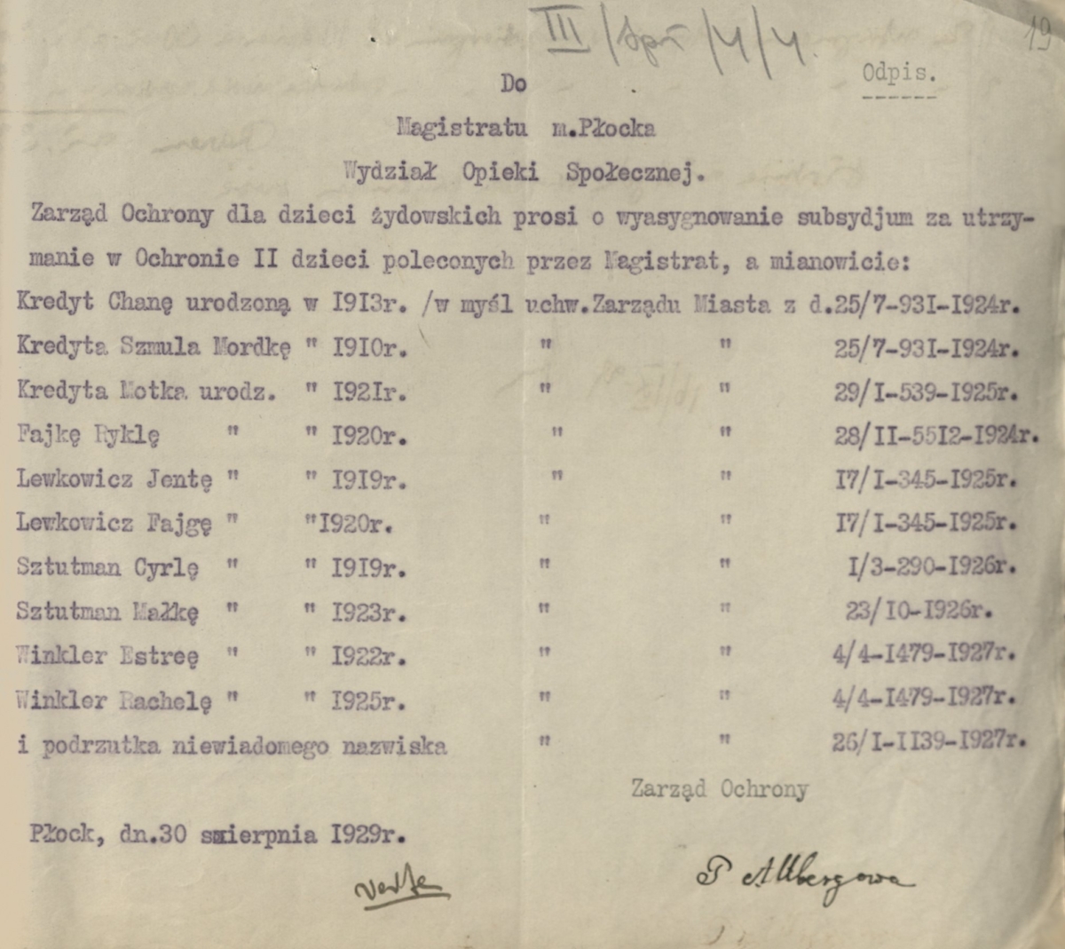 Pismo Pauliny Altberg do Magistratu miasta Płocka z dnia 30 sierpnia 1929 roku z prośbą o wyasygnowanie subsydium na utrzymanie w Ochronie 11 dzieci (Archiwum Państwowe w Płocku, Akta miasta Płocka, sygn. 24575)