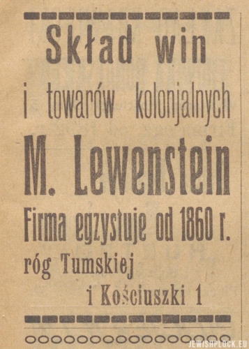 Reklama prasowa składu win i towarów kolonialnych Moryca Lewensteina