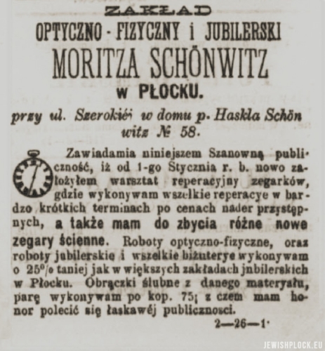 Reklama Zakładu Optyczno-Fizycznego i Jubilerskiego Moritza Szenwica na łamach „Korespondenta Płockiego”