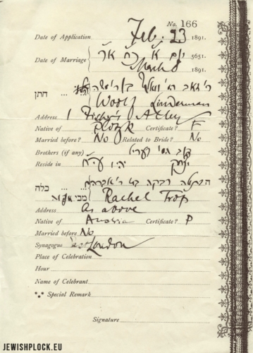 Dokument potwierdzający zawarcie małżeństwa między Wolfem Lindermanem i Rebeką Tropp (z Kolbuszowej), Londyn, 1891 r.