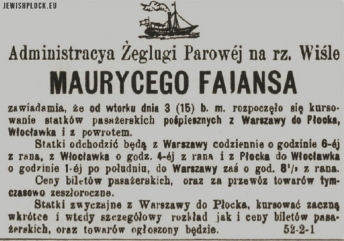 Reklama prasowa firmy Maurycego Fajansa ("Korespondent Płocki", nr 21 z 15 marca 1887 roku, s. 4)