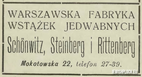 Reklama Warszawskiej Fabryki Wstążek Jedwabnych Schönwitz, Steinberg i Rittenberg (źródło: „Księga Adresowa Królestwa Polskiego na 1910 rok”)