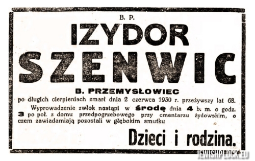 Nekrolog Izydora Szenwica (źródło: „Nasz Przegląd” z 3 czerwca 1930 roku)