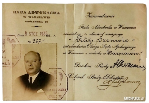 Zaświadczenie Rady Adwokackiej w Warszawie, że Feliks Szenwic jest adwokatem Okręgu Sądu Apelacyjnego w Warszawie z siedzibą w Warszawie (źródło: archiwum prywatne Danego Yazbecka)
