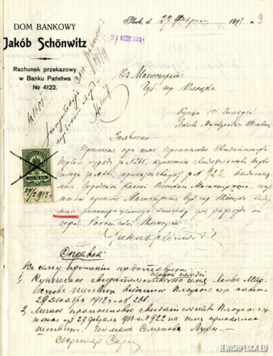 Pismo kupca pierwszej gildii Jakuba Lejby Szenwica z 27 lutego 1913 roku do Magistratu miasta Płocka z prośbą o wydanie książeczki rejestracyjnej (źródło: Archiwum Państwowe w Płocku, Akta miasta Płocka, sygn. 8405)