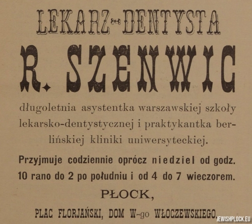 Reklama prasowa gabinetu Ryfki Reginy Szenwic w Płocku (źródło: „Jednodniówka Noworoczna”, Płock, dnia 1 stycznia 1916 roku)