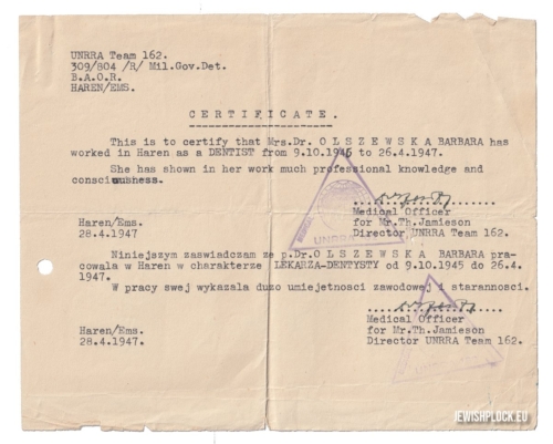 Zaświadczenie, że Barbara Olszewska pracowała w Haren w charakterze lekarza dentysty w okresie od 9 października 1945 roku do 26 kwietnia 1947 roku (źródło: archiwum prywatne Zuzanny Witwickiej)