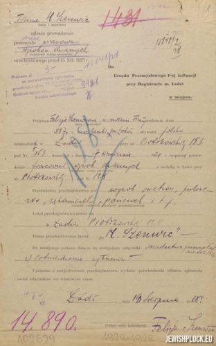 Pismo Felicji Szenwic do Urzędu Przemysłowego I-ej instancji przy Magistracie m. Łodzi w sprawie zgłoszenia prowadzenia pracowni wyrobów dzianych, z 19 sierpnia 1928 roku (źródło: Archiwum Państwowe w Łodzi, Akta miasta Łodzi, sygn. 102629)