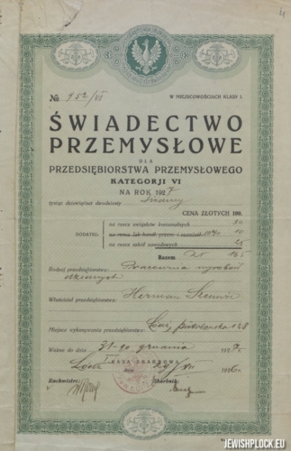 Świadectwo Przemysłowe dla Przedsiębiorstwa Przemysłowego Kategorii VI wystawione na rok 1927 na nazwisko Hermana Szenwica (źródło: Archiwum Państwowe w Łodzi, Akta miasta Łodzi, sygn. 102629)