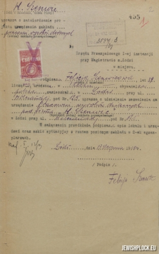 Pismo Felicji Szenwic do Urzędu Przemysłowego I-ej instancji przy Magistracie m. Łodzi z prośbą o udzielenie zezwolenia na urządzenie pracowni wyrobów dzianych pod firmą „H. Szenwic” przy ulicy Wólczańskiej 125, z 17 sierpnia 1928 roku (źródło: Archiwum Państwowe w Łodzi, Akta miasta Łodzi, sygn. 104429)