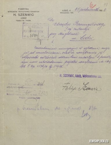 Pismo Felicji Szenwic do Urzędu Przemysłowego I-ej instancji przy Magistracie m. Łodzi z informacją o uruchomieniu  wytwórni wyrobów dzianych, z 25 października 1928 roku  (źródło: Archiwum Państwowe w Łodzi, Akta miasta Łodzi, sygn. 104429)