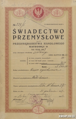 Świadectwo Przemysłowe dla Przedsiębiorstwa Handlowego Kategorii II wystawione na rok 1927 na nazwisko Maksa Szenwica (źródło: Archiwum Państwowe w Łodzi, Akta miasta Łodzi, sygn. 131796)