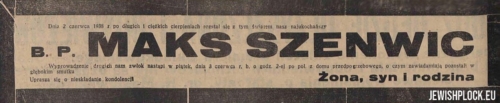 Nekrolog informujący o śmierci Maksa Szenwica.