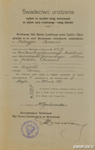 Świadectwo urodzenia Pelagii Szenwic (źródło: Archiwum Uniwersytetu Warszawskiego, sygn. RP 7675)